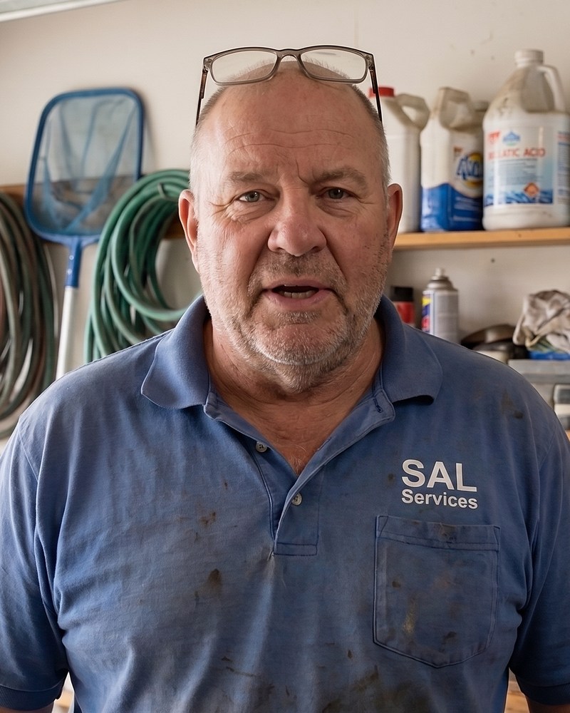 Sal, the pool guy, at his equipment shelf